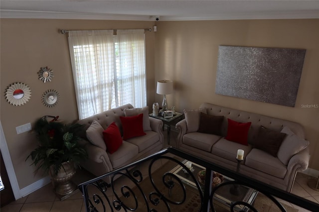 tiled living room with crown molding