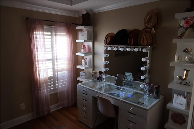 office area featuring crown molding and dark wood-type flooring