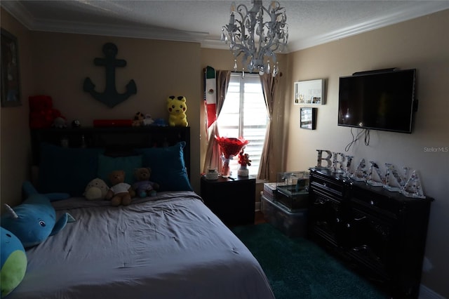 bedroom with crown molding and a chandelier