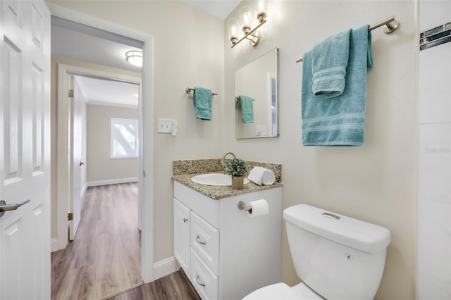 bathroom featuring vanity, wood-type flooring, and toilet