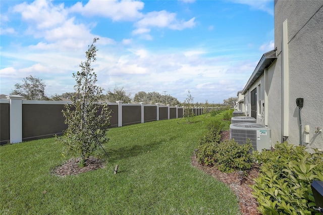 view of yard with central AC and a fenced backyard