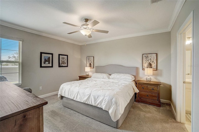 bedroom with light carpet, a ceiling fan, baseboards, and crown molding