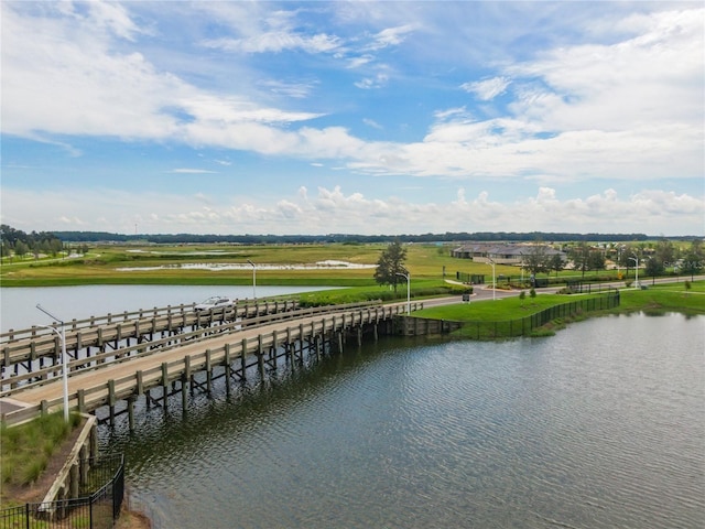 drone / aerial view with a water view