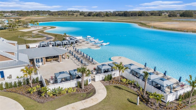 drone / aerial view with a water view