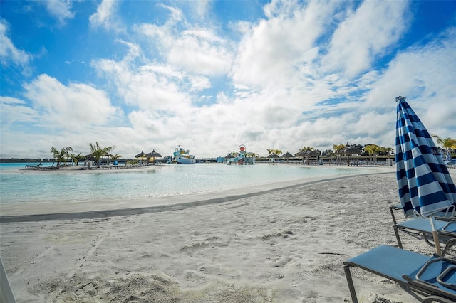 view of water feature featuring a beach view