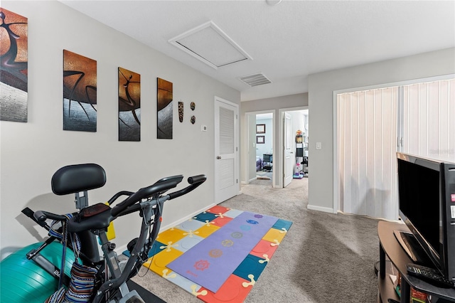 workout room with light colored carpet