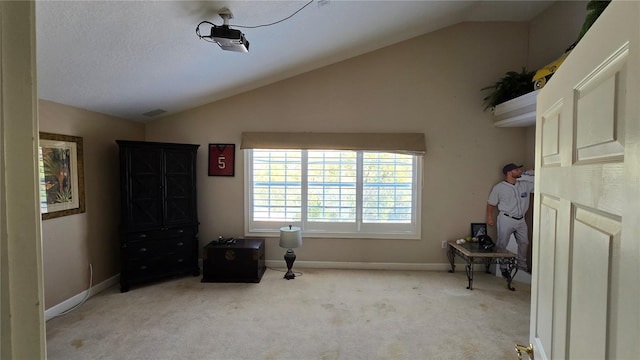 interior space featuring a textured ceiling, light colored carpet, and lofted ceiling