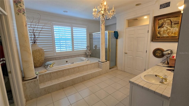 bathroom featuring vanity, ornamental molding, decorative columns, tile flooring, and a notable chandelier