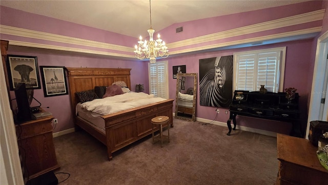 carpeted bedroom with vaulted ceiling and an inviting chandelier