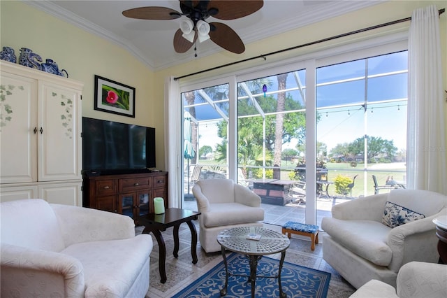 living room featuring ceiling fan and crown molding