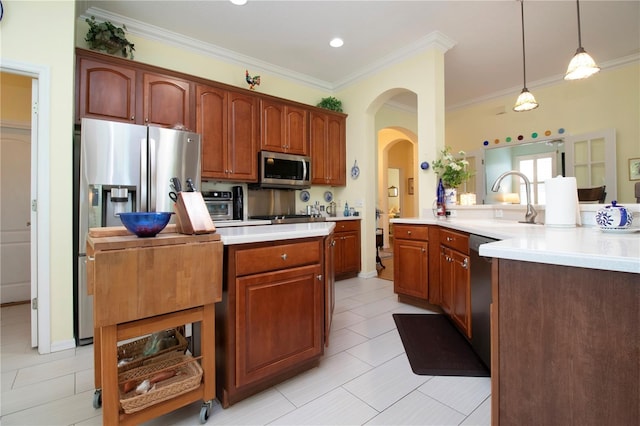 kitchen featuring light tile flooring, sink, stainless steel appliances, pendant lighting, and ornamental molding