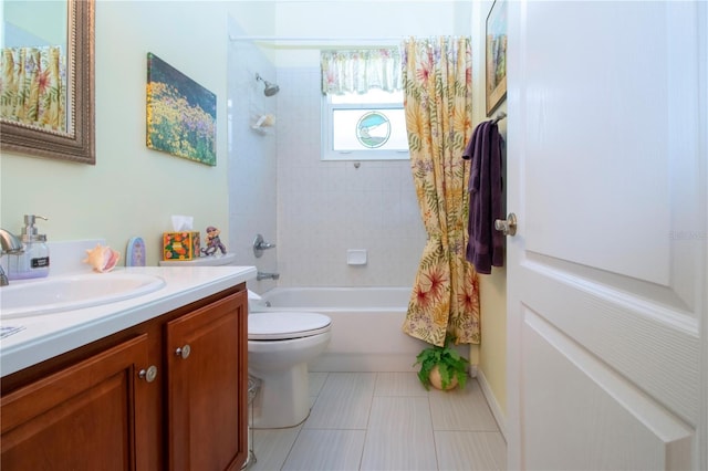 full bathroom featuring toilet, vanity, shower / tub combo with curtain, and tile flooring