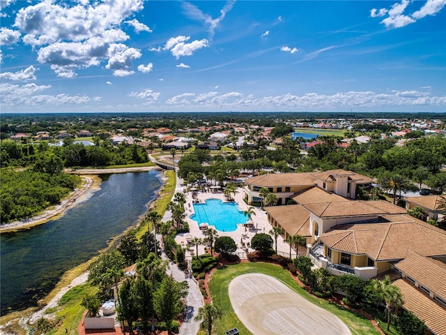 drone / aerial view featuring a water view