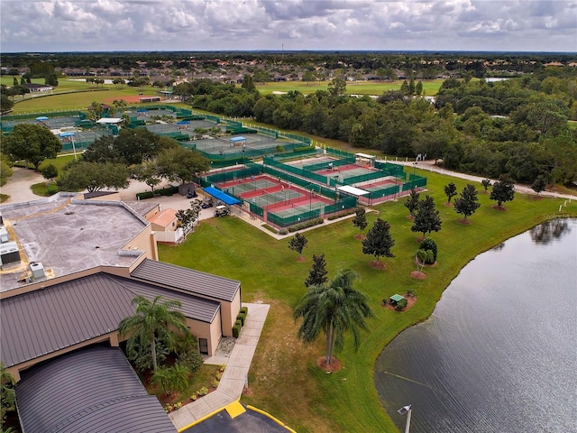 birds eye view of property featuring a water view