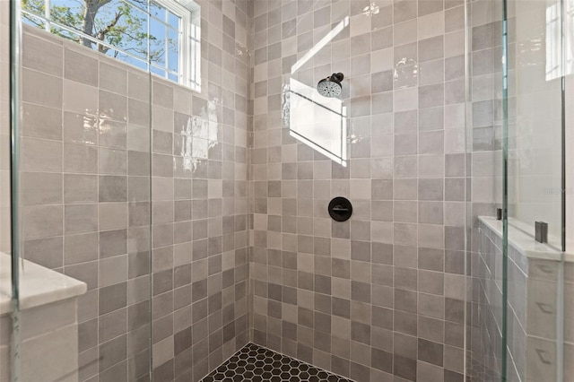 bathroom with a shower with door