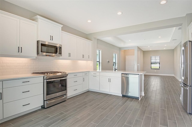 kitchen featuring white cabinets, appliances with stainless steel finishes, and plenty of natural light