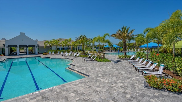 view of swimming pool featuring a patio area