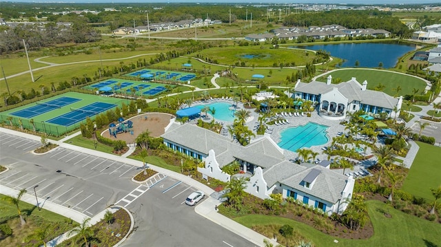 aerial view featuring a water view