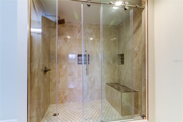 bathroom featuring a shower with door