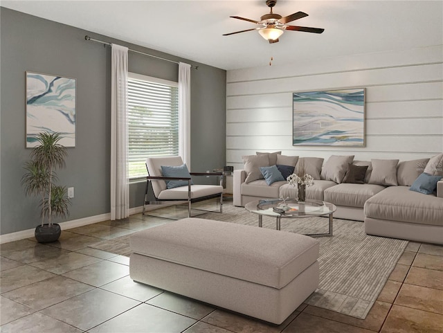 tiled living room with ceiling fan