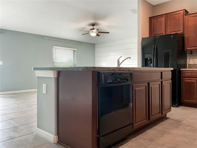 kitchen featuring sink, light tile patterned floors, ceiling fan, and black appliances