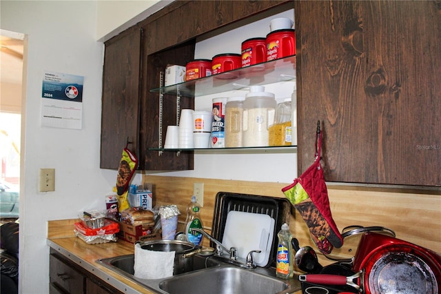 kitchen with hardwood / wood-style floors, sink, and dark brown cabinetry