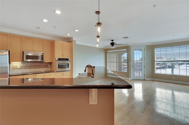 kitchen with sink, light hardwood / wood-style floors, decorative light fixtures, appliances with stainless steel finishes, and ornamental molding