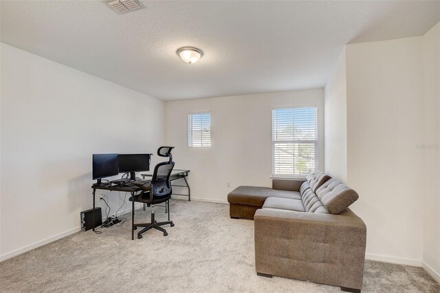 home office featuring light colored carpet