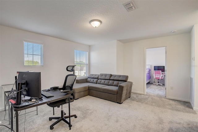 office space with light carpet, a textured ceiling, and a wealth of natural light