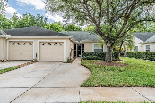 single story home with a front lawn and a garage