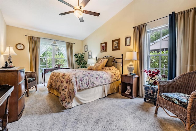 carpeted bedroom with ceiling fan, multiple windows, and high vaulted ceiling