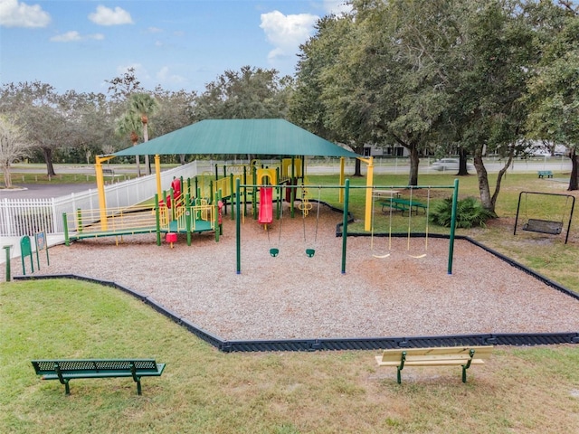 view of jungle gym featuring a yard