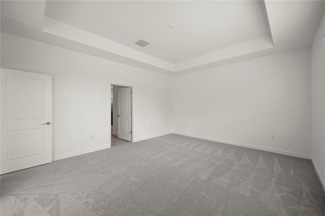 carpeted spare room featuring a tray ceiling