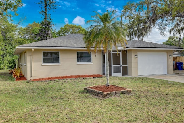 ranch-style house with a front yard and a garage