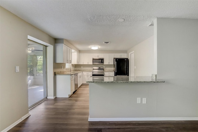 kitchen with ceiling fan, dark hardwood / wood-style flooring, appliances with stainless steel finishes, light stone countertops, and white cabinetry