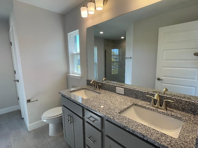 bathroom with vanity, hardwood / wood-style flooring, toilet, and walk in shower