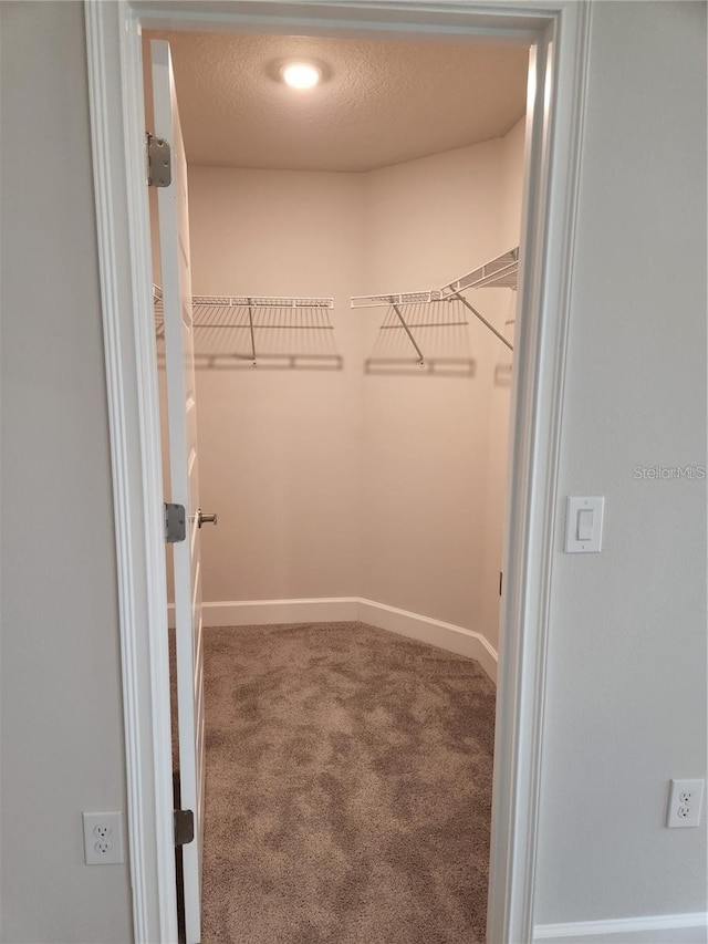 spacious closet featuring dark carpet