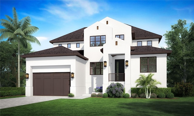 view of front of house featuring a front yard and a garage