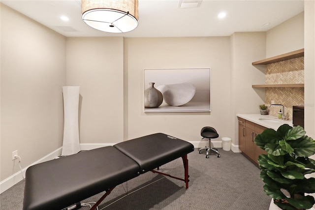 workout room with carpet and sink