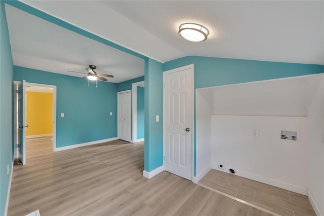 bonus room featuring vaulted ceiling, ceiling fan, and light wood-type flooring