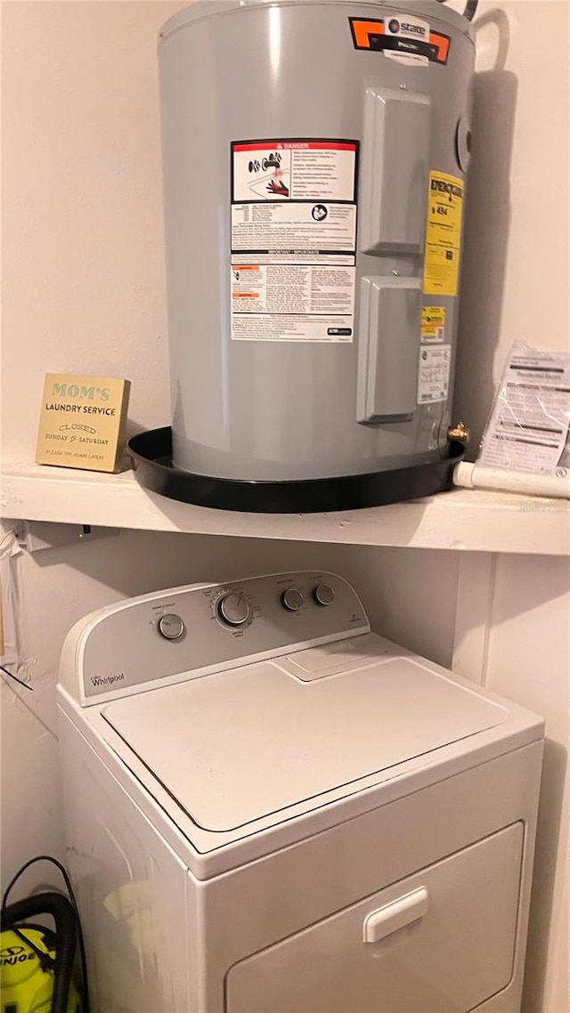 clothes washing area featuring electric water heater and washer / dryer