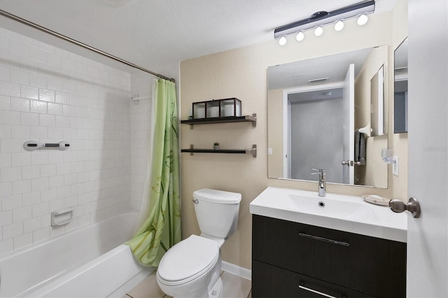 full bathroom with a textured ceiling, vanity, toilet, and shower / bath combo with shower curtain