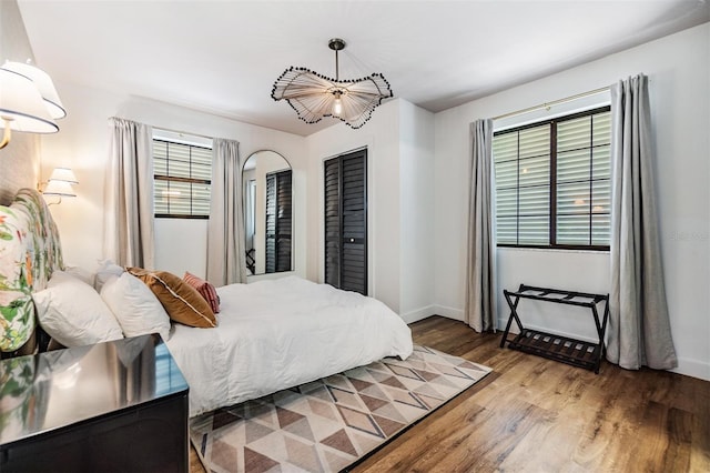 bedroom with hardwood / wood-style floors and a closet