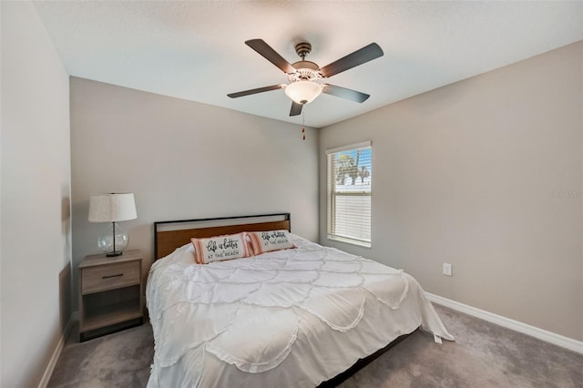 bedroom with dark carpet and ceiling fan