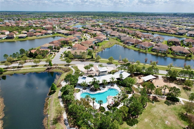 aerial view featuring a water view