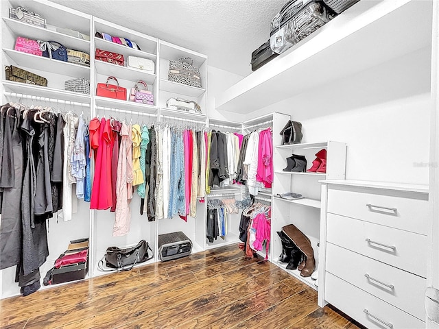 spacious closet with dark wood-type flooring