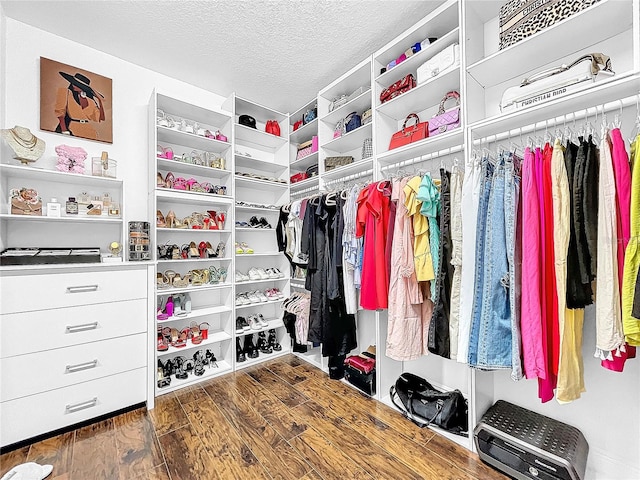 spacious closet featuring dark hardwood / wood-style flooring