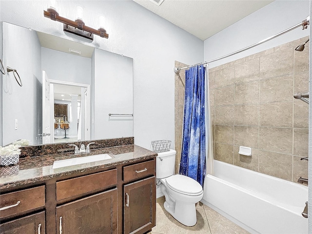 full bathroom with vanity, tile floors, toilet, and shower / bath combination with curtain