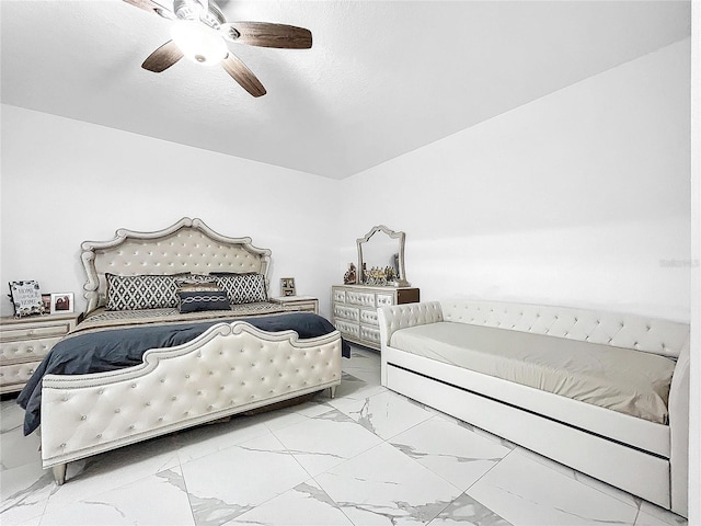 tiled bedroom with ceiling fan