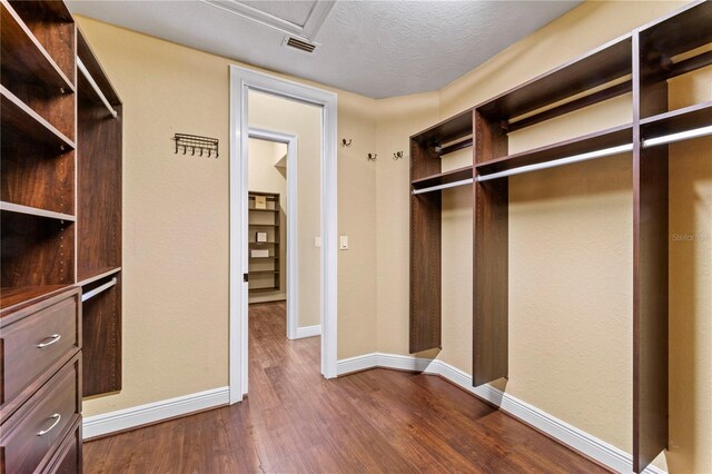 walk in closet with dark hardwood / wood-style flooring